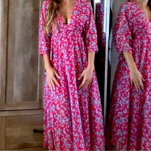 NEW BCBGMaxAzria Vibrant Pink Blue Kimono Sleeve Asymmetrical Whimsical Dress XS